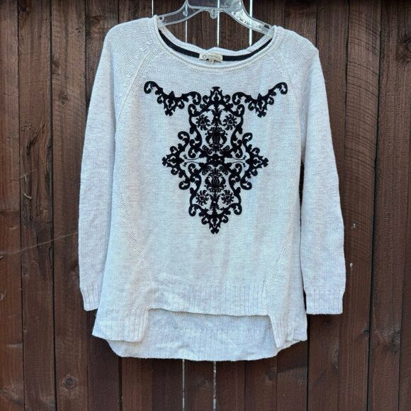 Democracy Sweater Cream Velvet Design Long Sleeve Wool Blend Drop Tail Hem Sz S - Picture 3 of 9